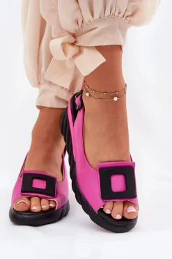 Skórzane Sandały Damskie Na Koturnie z Ozdobą Artiker 56C1571 Fuksja