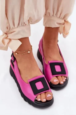 Skórzane Sandały Damskie Na Koturnie z Ozdobą Artiker 56C1571 Fuksja