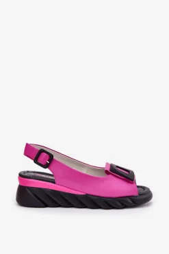 Skórzane Sandały Damskie Na Koturnie z Ozdobą Artiker 56C1571 Fuksja