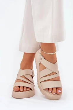 Skórzane Sandały Damskie Na Platformie Z Klamrą Beżowe Selianae