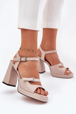 Skórzane Sandały Damskie Na Słupku Vinceza 77110 Beżowe