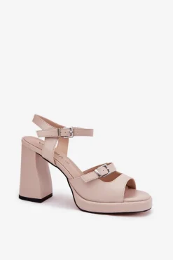 Skórzane Sandały Damskie Na Słupku Vinceza 77110 Beżowe