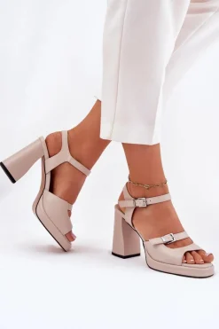 Skórzane Sandały Damskie Na Słupku Vinceza 77110 Beżowe