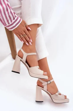 Skórzane Sandały Damskie Na Słupku Vinceza 77110 Beżowe