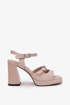 Skórzane Sandały Damskie Na Słupku Vinceza 77110 Beżowe