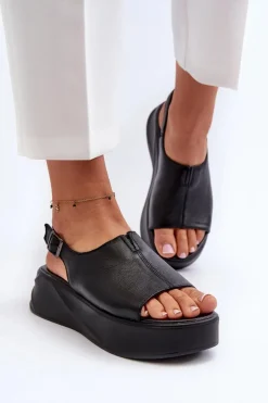 Skórzane Sandały Damskie Na Platformie D&A SJ2301-2 Czarne