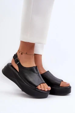 Skórzane Sandały Damskie Na Platformie D&A SJ2301-2 Czarne