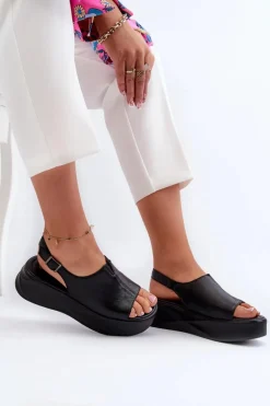 Skórzane Sandały Damskie Na Platformie D&A SJ2301-2 Czarne