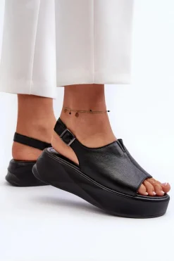 Skórzane Sandały Damskie Na Platformie D&A SJ2301-2 Czarne