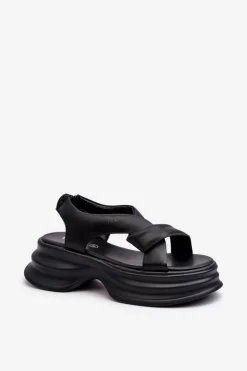 Skórzane Sandały Damskie Na Masywnej Podeszwie Czarne GOE NN2N4106