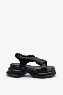 Skórzane Sandały Damskie Na Masywnej Podeszwie Czarne GOE NN2N4106