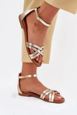 Skórzane Sandały Damskie Na Płaskim Obcasie Maciejka 07029-25 Złote