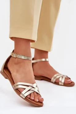 Skórzane Sandały Damskie Na Płaskim Obcasie Maciejka 07029-25 Złote