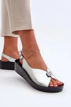 Skórzane Sandały Damskie Na Koturnie I Platformie S.Barski KV27-020 Srebrne