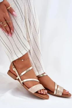 Skórzane Sandały Damskie Na Płaskim Obcasie Maciejka 06966-25 Złote