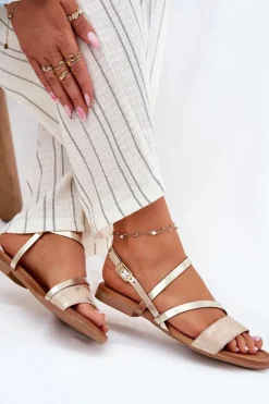 Skórzane Sandały Damskie Na Płaskim Obcasie Maciejka 06966-25 Złote