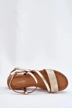 Skórzane Sandały Damskie Na Płaskim Obcasie Maciejka 06966-25 Złote