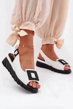 Skórzane Sandały Damskie Na Koturnie z Ozdobą Artiker 56C2157 Białe