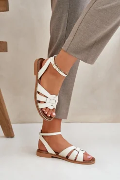 Skórzane Sandały Damskie Na Płaskim Obcasie Zazoo 3688 Ecru