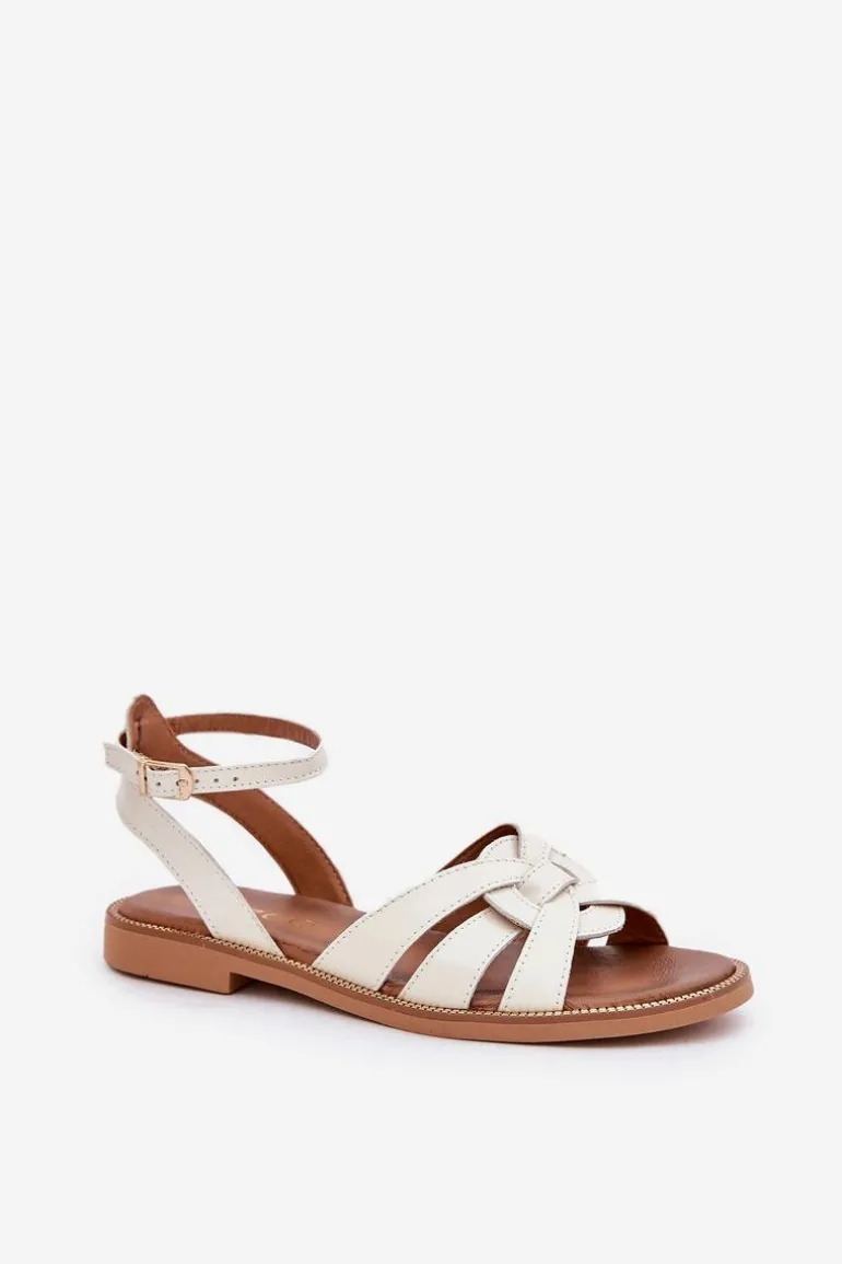 Skórzane Sandały Damskie Na Płaskim Obcasie Zazoo 3688 Ecru