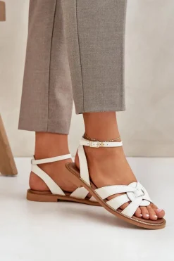 Skórzane Sandały Damskie Na Płaskim Obcasie Zazoo 3688 Ecru