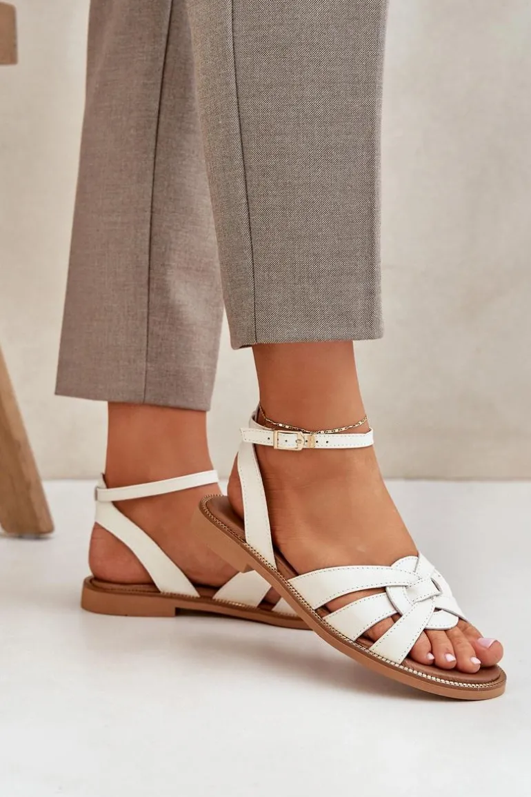 Skórzane Sandały Damskie Na Płaskim Obcasie Zazoo 3688 Ecru