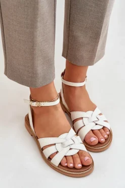 Skórzane Sandały Damskie Na Płaskim Obcasie Zazoo 3688 Ecru