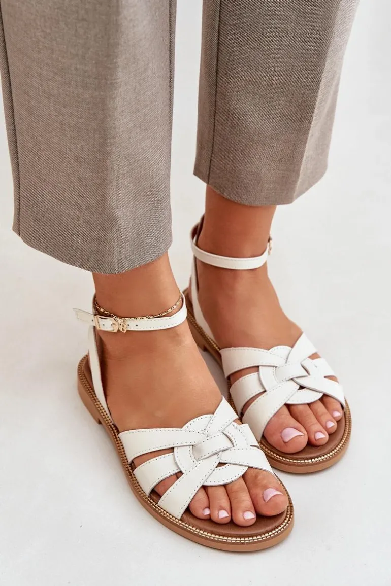 Skórzane Sandały Damskie Na Płaskim Obcasie Zazoo 3688 Ecru