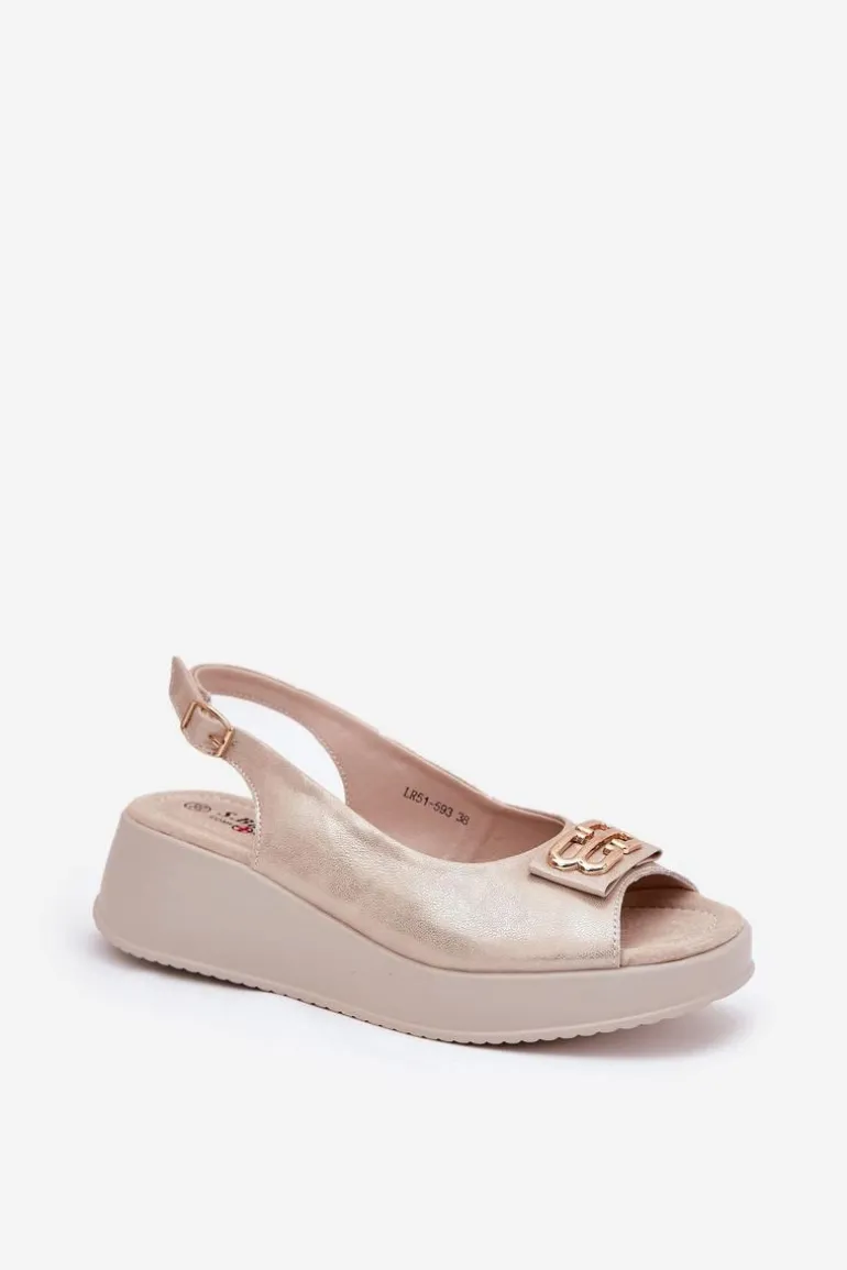 Skórzane Sandały Damskie Na Koturnie Z Ozdobnym Detalem S.Barski LR51-593 Złote