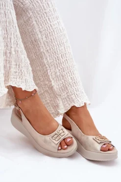 Skórzane Sandały Damskie Na Koturnie Z Ozdobnym Detalem S.Barski LR51-593 Złote