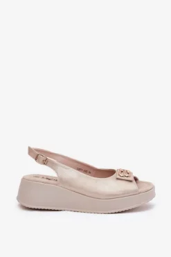 Skórzane Sandały Damskie Na Koturnie Z Ozdobnym Detalem S.Barski LR51-593 Złote