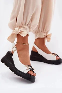 Skórzane Sandały Damskie Na Koturnie I Platformie Z Ozdobą Artiker 56C1588 Białe