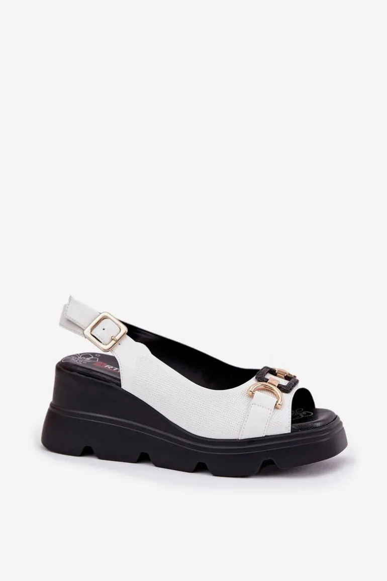 Skórzane Sandały Damskie Na Koturnie I Platformie Z Ozdobą Artiker 56C1588 Białe