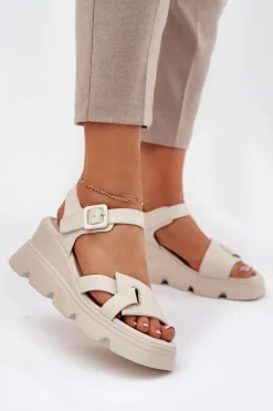 Skórzane Sandały Damskie Na Koturnie Artiker 54C1624 Beżowe