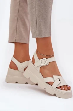 Skórzane Sandały Damskie Na Koturnie Artiker 54C1624 Beżowe