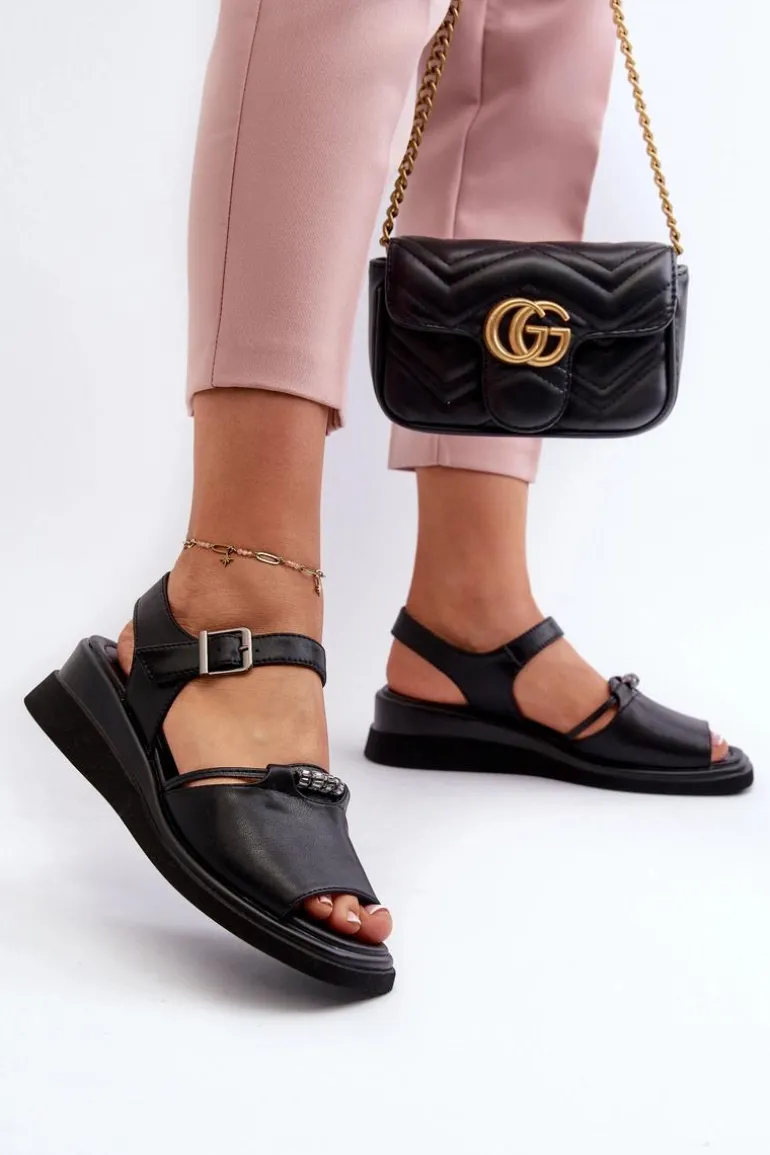 Skórzane Sandały Damskie Na Koturnie Vinceza 66624 Czarne