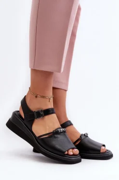 Skórzane Sandały Damskie Na Koturnie Vinceza 66624 Czarne