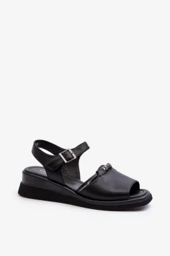 Skórzane Sandały Damskie Na Koturnie Vinceza 66624 Czarne