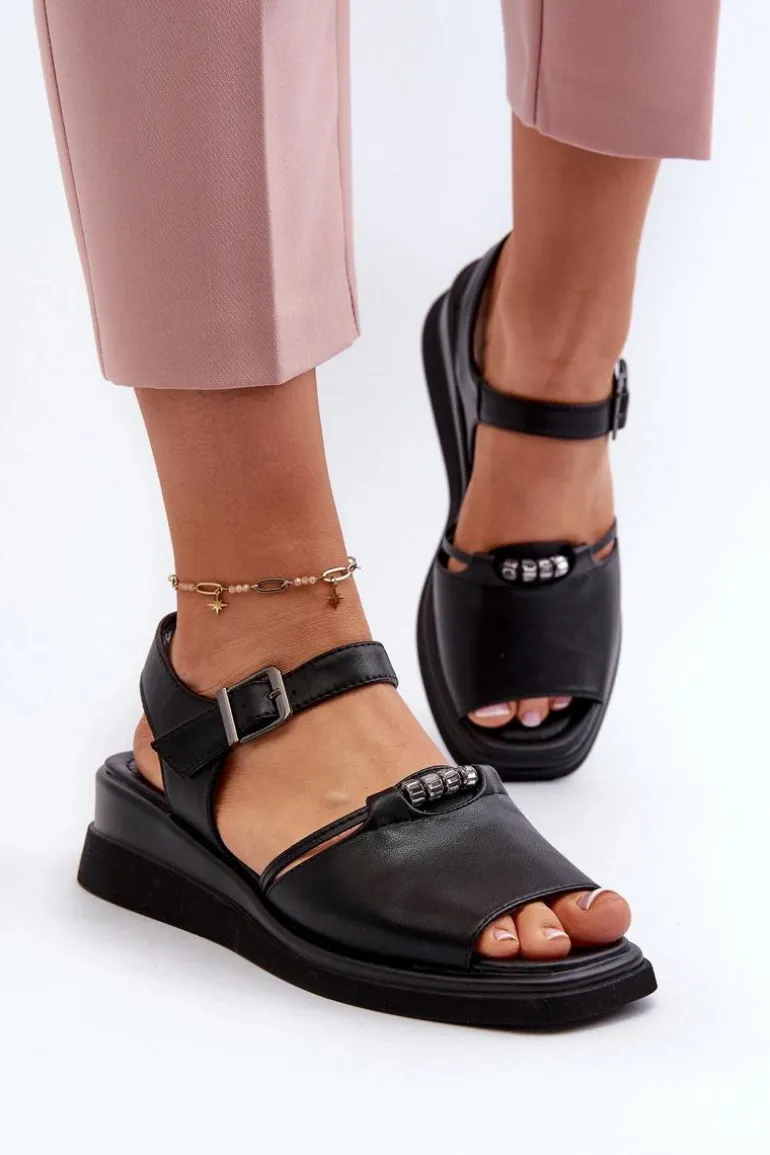 Skórzane Sandały Damskie Na Koturnie Vinceza 66624 Czarne