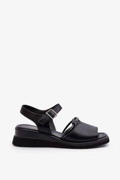 Skórzane Sandały Damskie Na Koturnie Vinceza 66624 Czarne