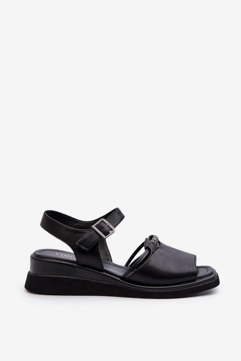 Skórzane Sandały Damskie Na Koturnie Vinceza 66624 Czarne