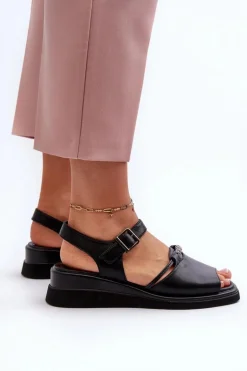 Skórzane Sandały Damskie Na Koturnie Vinceza 66624 Czarne