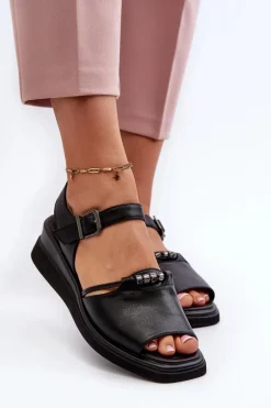 Skórzane Sandały Damskie Na Koturnie Vinceza 66624 Czarne