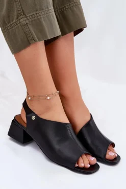 Skórzane Sandały Damskie Na Klocku Maciejka 06975-01 Czarne