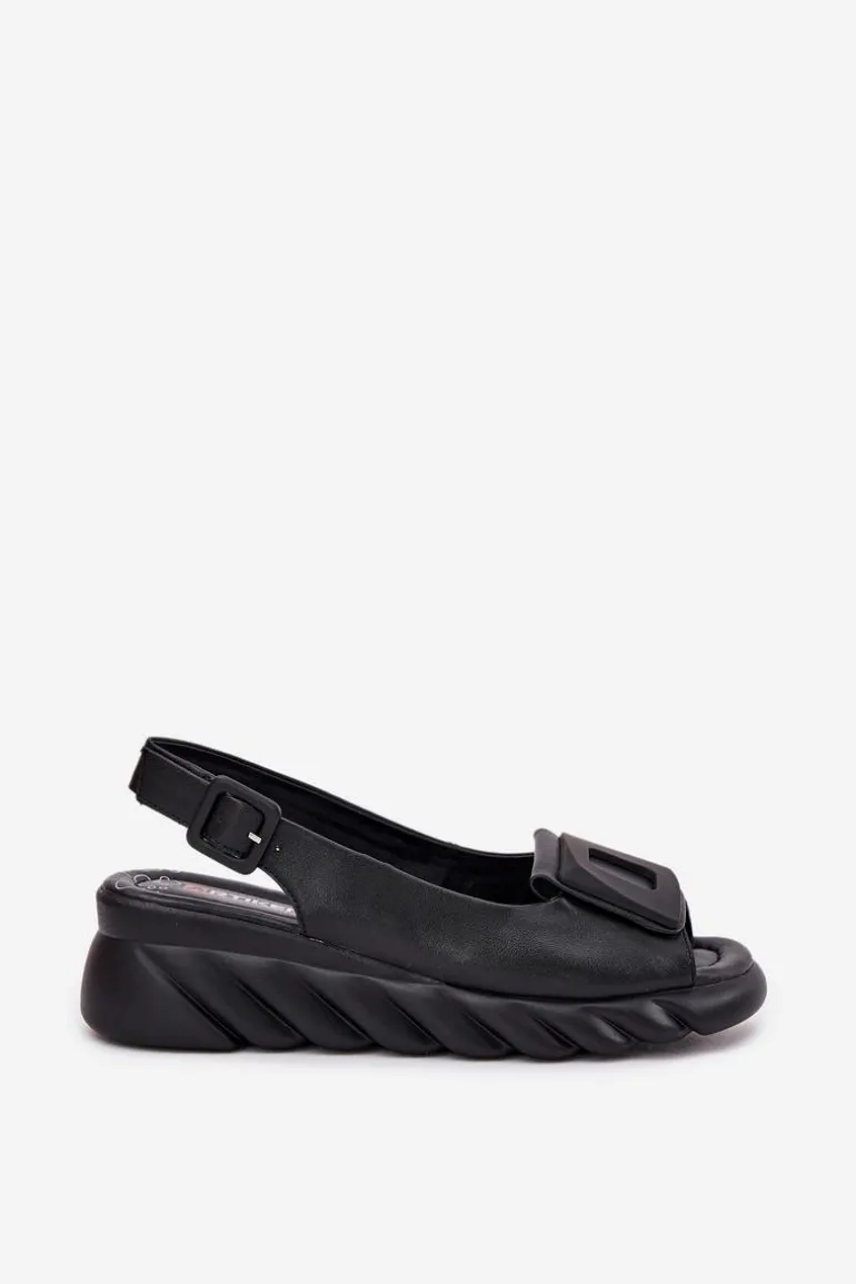 Skórzane Sandały Damskie Na Koturnie z Ozdobą Artiker 56C2156 Czarne