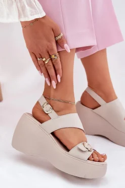 Skórzane Sandały Damskie Na Koturnie I Platformie S.Barski LR51-540 Beżowe