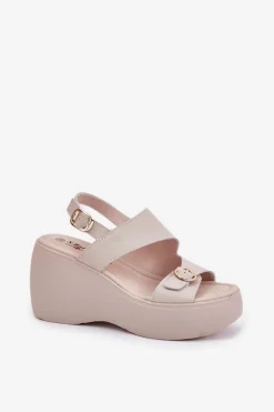 Skórzane Sandały Damskie Na Koturnie I Platformie S.Barski LR51-540 Beżowe