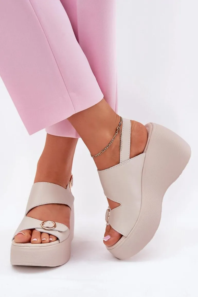 Skórzane Sandały Damskie Na Koturnie I Platformie S.Barski LR51-540 Beżowe