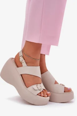 Skórzane Sandały Damskie Na Koturnie I Platformie S.Barski LR51-540 Beżowe