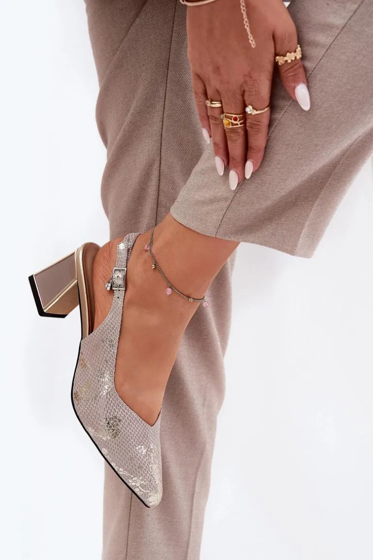 Skórzane Sandały Damskie Na Słupku Ze Szpiczastymi Noskami Vinceza 66733 Złoto-Srebrne